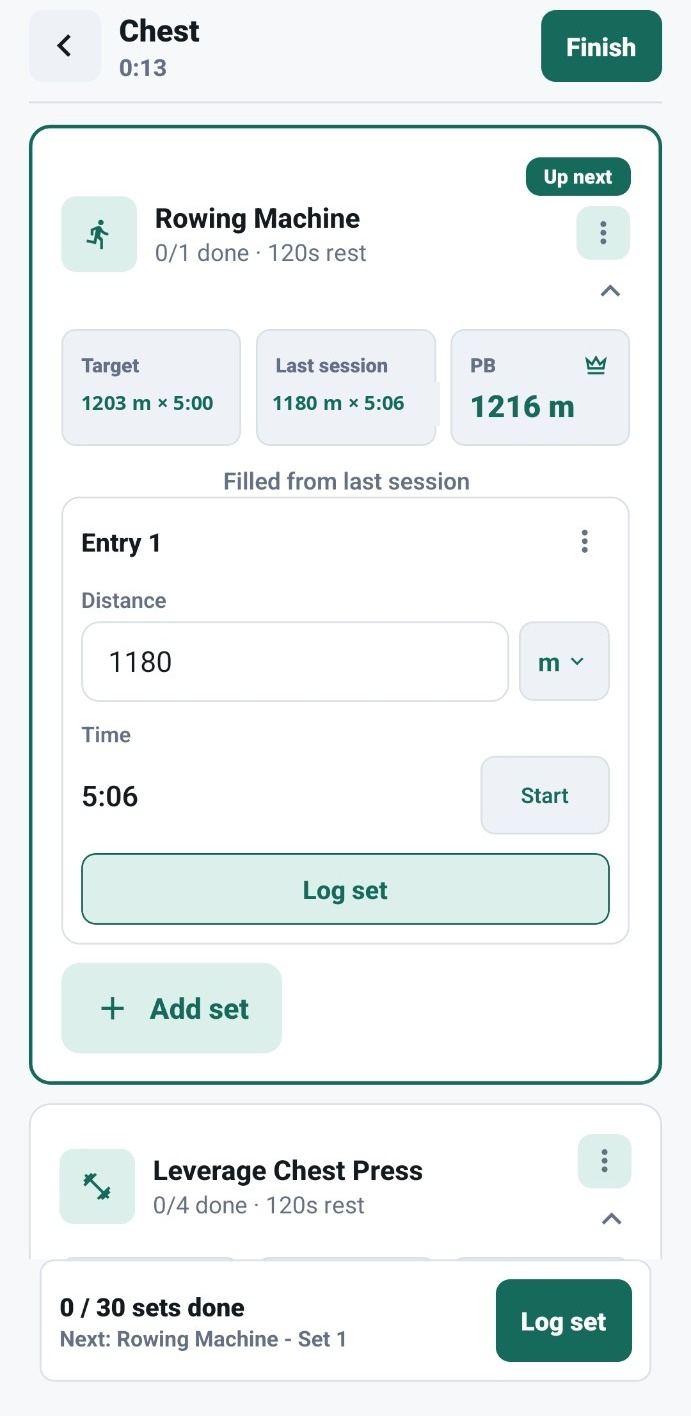 SetForward active workout screen for a Chest session, showing Rowing Machine set logging with target, last session, personal best, distance and time fields, and a Log set control.