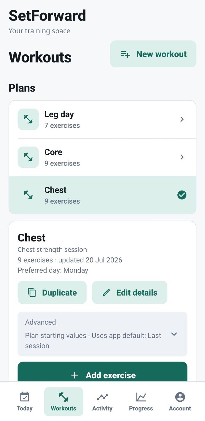 SetForward Workouts screen showing a plans list with Chest selected, plan details, Duplicate and Edit details actions, and an Add exercise button.