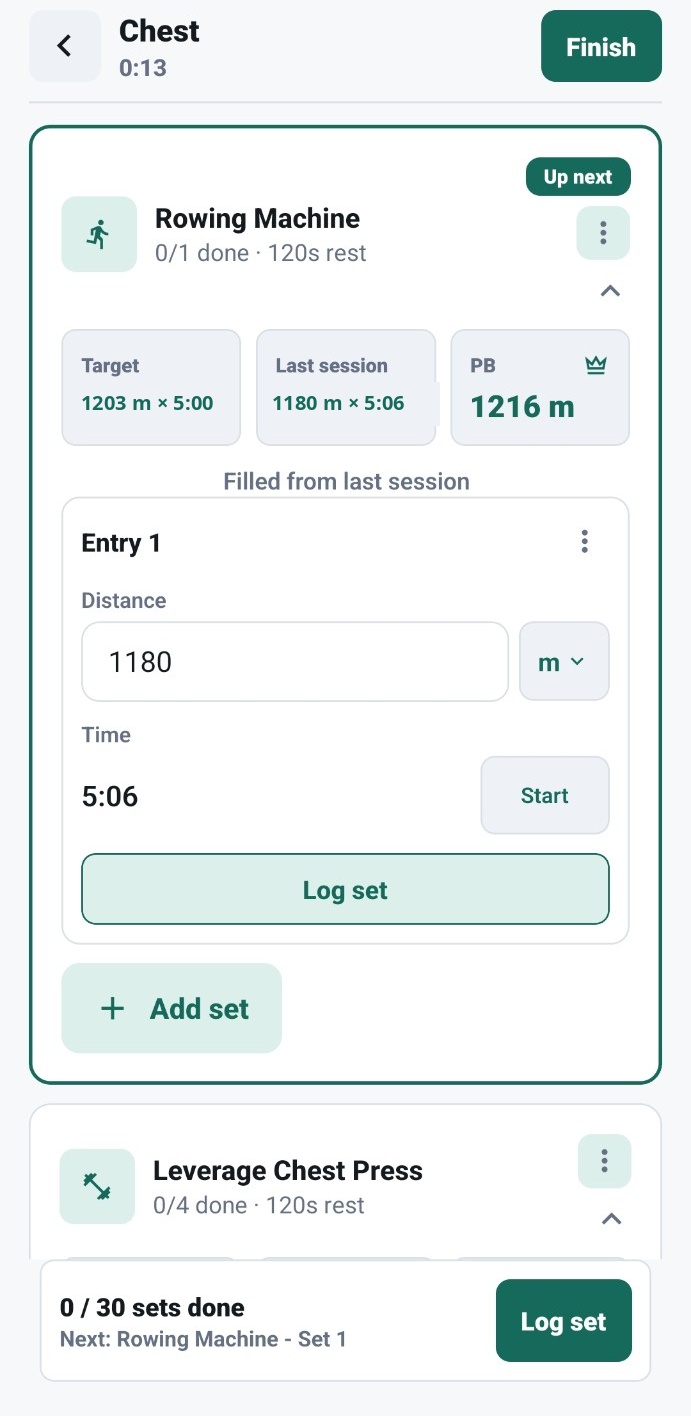 SetForward active workout screen for a Chest session, showing Rowing Machine set logging with target, last session, personal best, distance and time fields, and a Log set control.