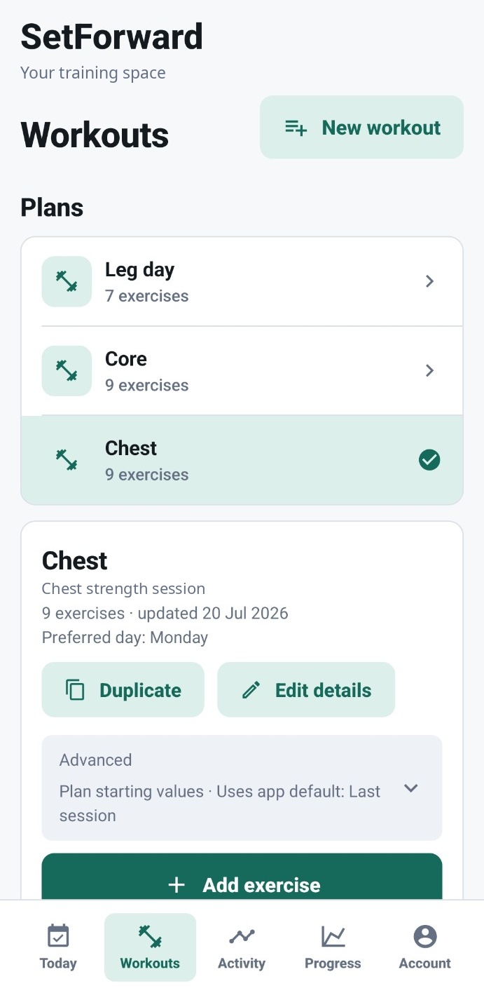SetForward Workouts screen showing a plans list with Chest selected, plan details, Duplicate and Edit details actions, and an Add exercise button.